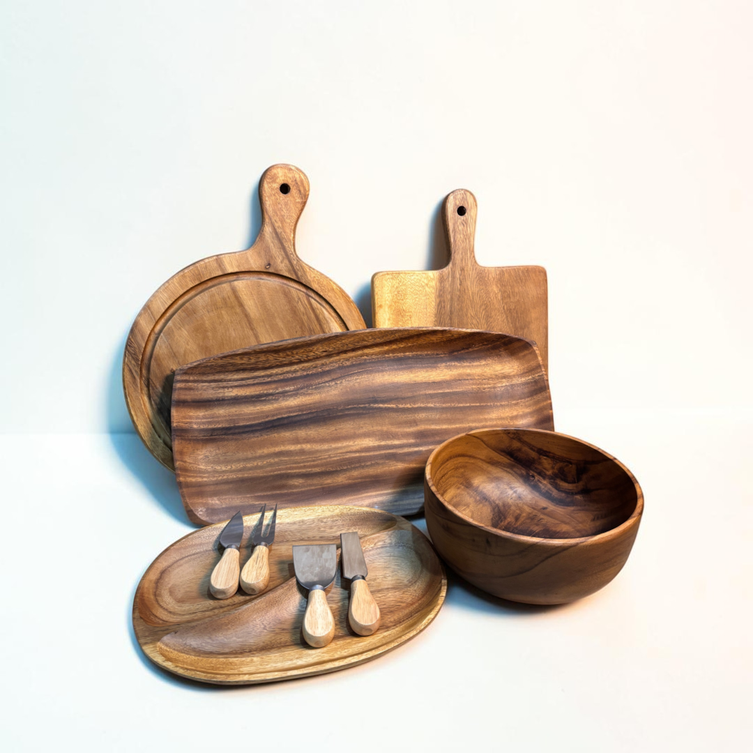 Marai Home Ultimate Gather & Graze acacia wood serving set including platters, boards, bowl, and cheese knife set.
