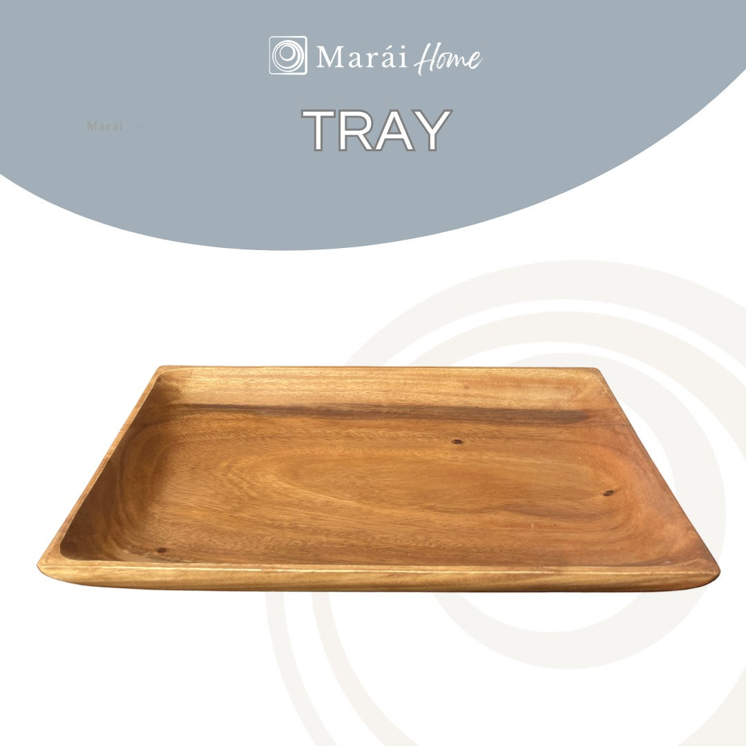 Marai Home rectangular serving tray made from natural acacia wood with a smooth lacquer finish and visible grain