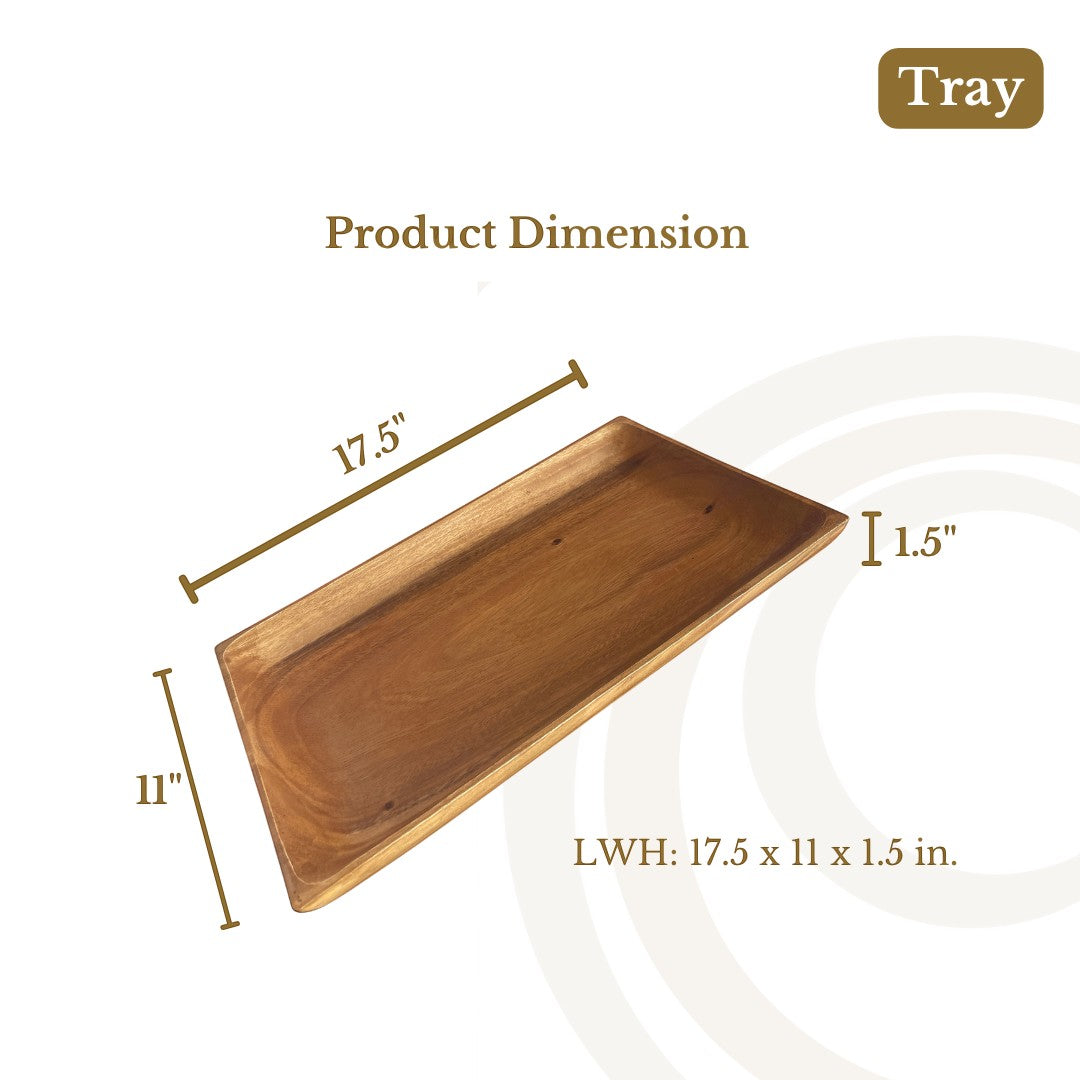 Marai Home rectangular acacia wood serving tray with dimensions 17.5 by 11 by 1.5 inches shown on white background