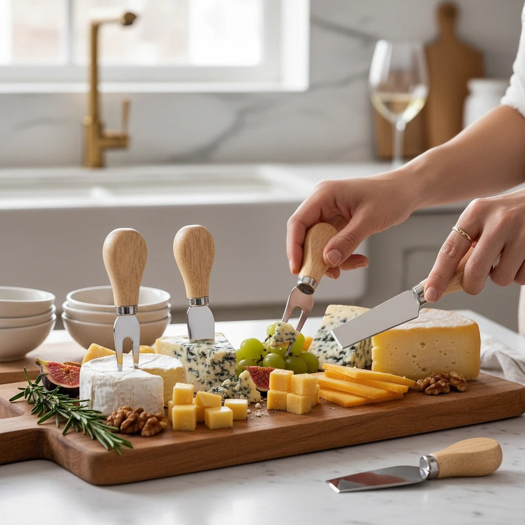 Marai Home 4-piece cheese knife set with natural wood handles and stainless steel blades, ideal for serving cheese.