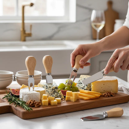 Marai Home 4-piece cheese knife set with natural wood handles and stainless steel blades, ideal for serving cheese.