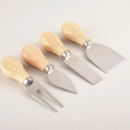 Marai Home 4-piece cheese knife set with natural wood handles and stainless steel blades.
