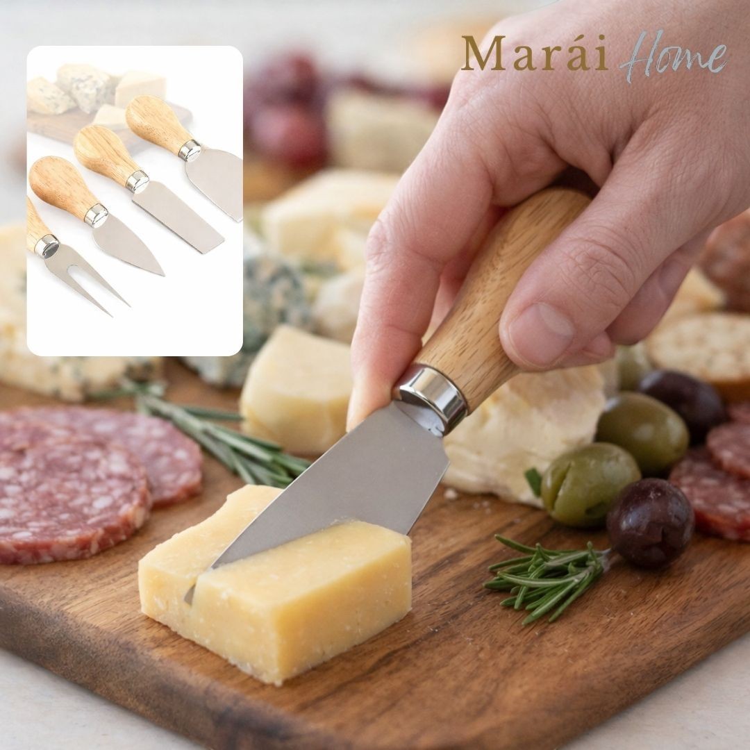 Marai Home 4-piece cheese knife set with natural wood handles and stainless steel blades, ideal for serving.