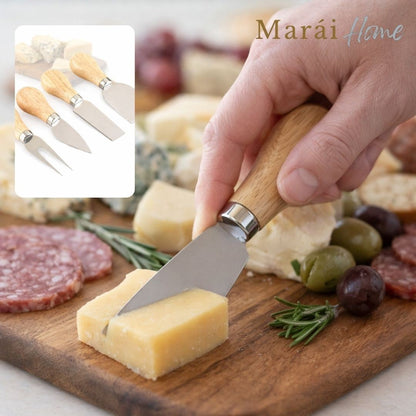 Marai Home 4-piece cheese knife set with natural wood handles and stainless steel blades, ideal for serving.