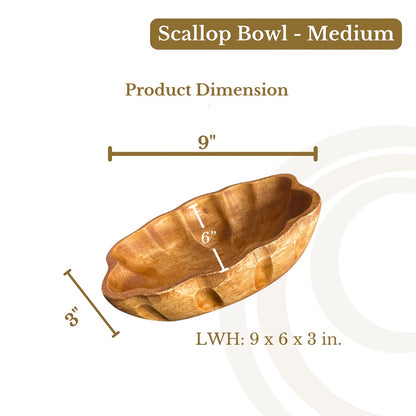Marai Home medium acacia wood scallop bowl with dimensions 9 by 6 by 3 inches shown on a white background