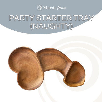Marai Home novelty acacia wood serving tray shaped like a phallus for charcuterie and party snacks.