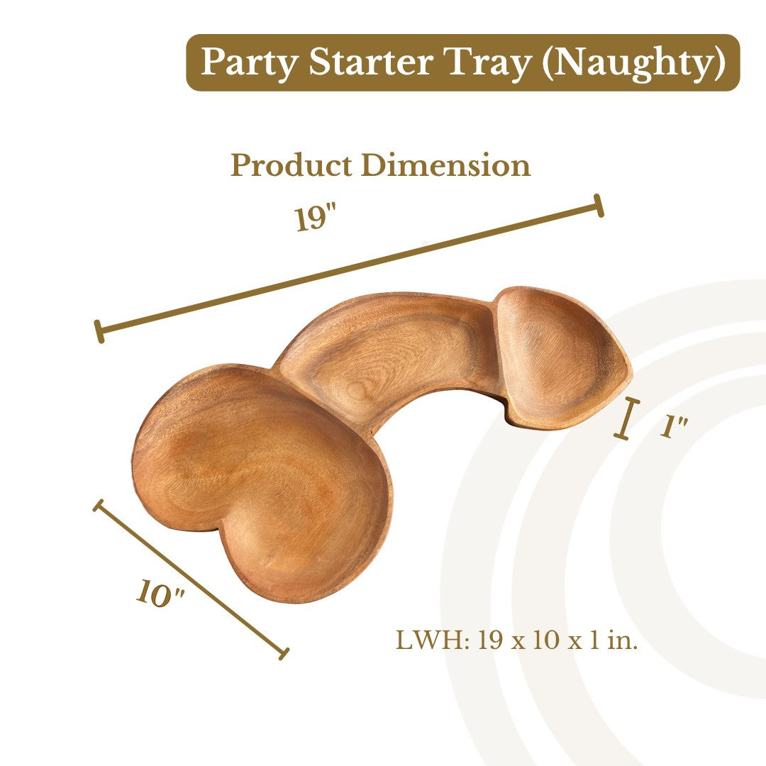 Marai Home acacia wood novelty charcuterie board shaped like a phallus for bachelorette party snacks and appetizers.