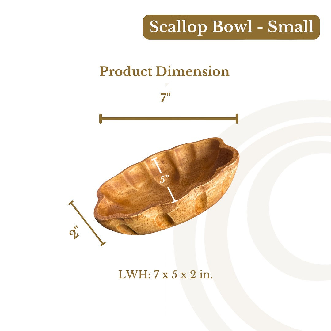 Marai Home small scallop-edged serving bowl made of natural acacia wood with dimensions labeled for scale
