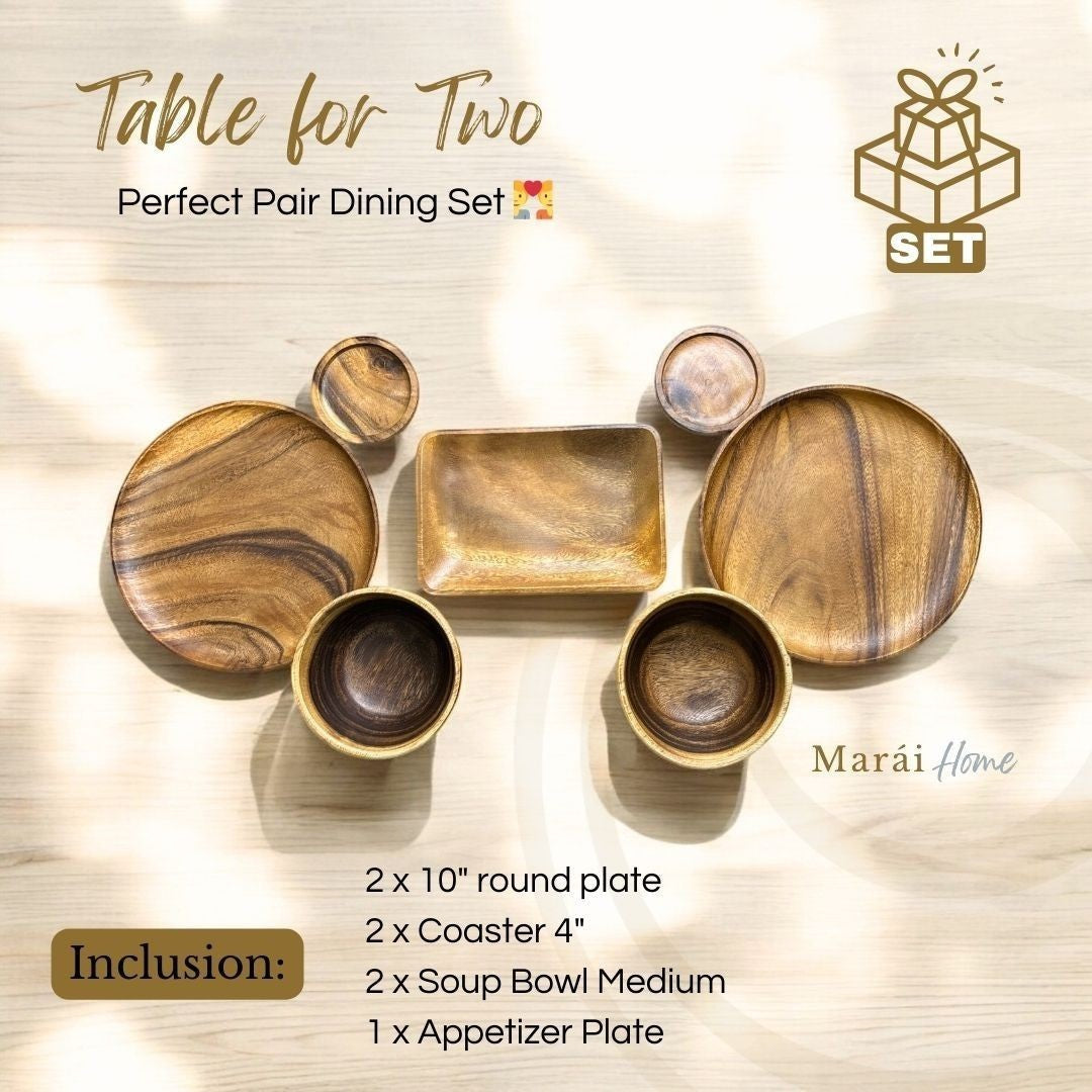 Marai Home Table for Two acacia wood dining set for couples, includes 2 plates, 2 bowls, 2 coasters, 1 appetizer plate.