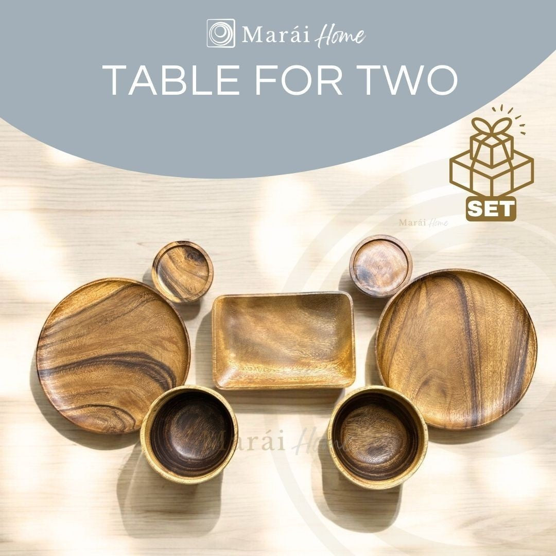 Marai Home Table for Two acacia wood dinnerware set for couples, includes 2 plates, 2 bowls, 2 coasters, 1 appetizer plate.