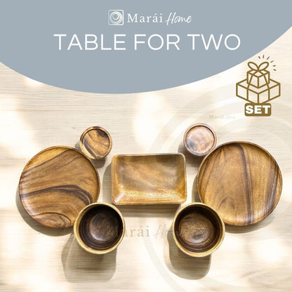 Marai Home Table for Two acacia wood dinnerware set for couples, includes 2 plates, 2 bowls, 2 coasters, 1 appetizer plate.