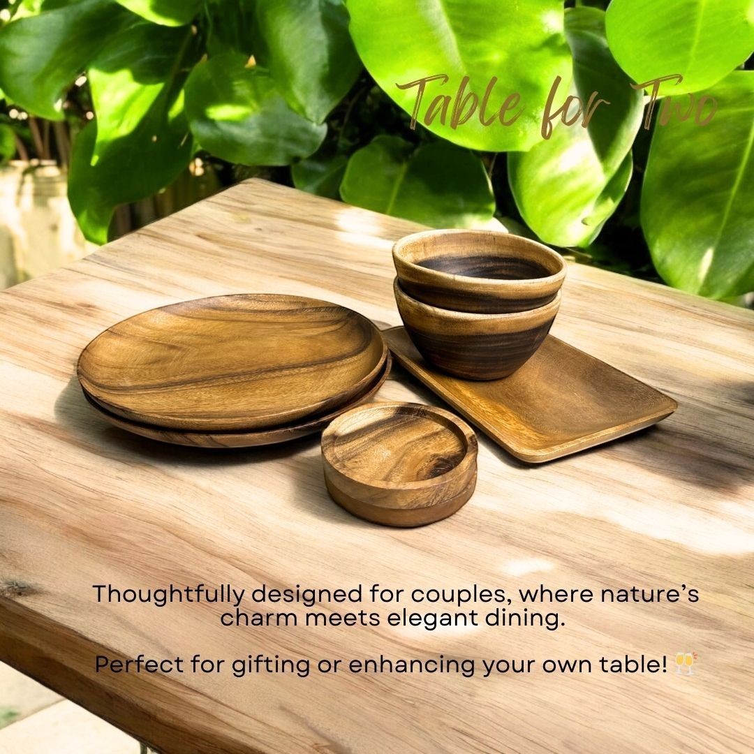 Marai Home Table for Two acacia wood dinnerware set for couples, includes plates, bowls, and coasters.
