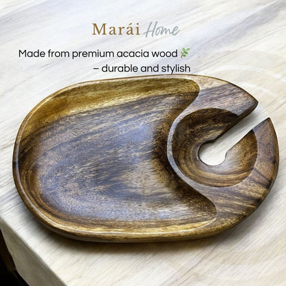 Marai Home acacia wood 2-in-1 wine and cheese carrier with a slot for a wine glass and a plate for snacks.