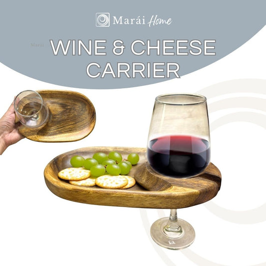 Marai Home acacia wood wine and cheese carrier with glass holder, perfect for parties.