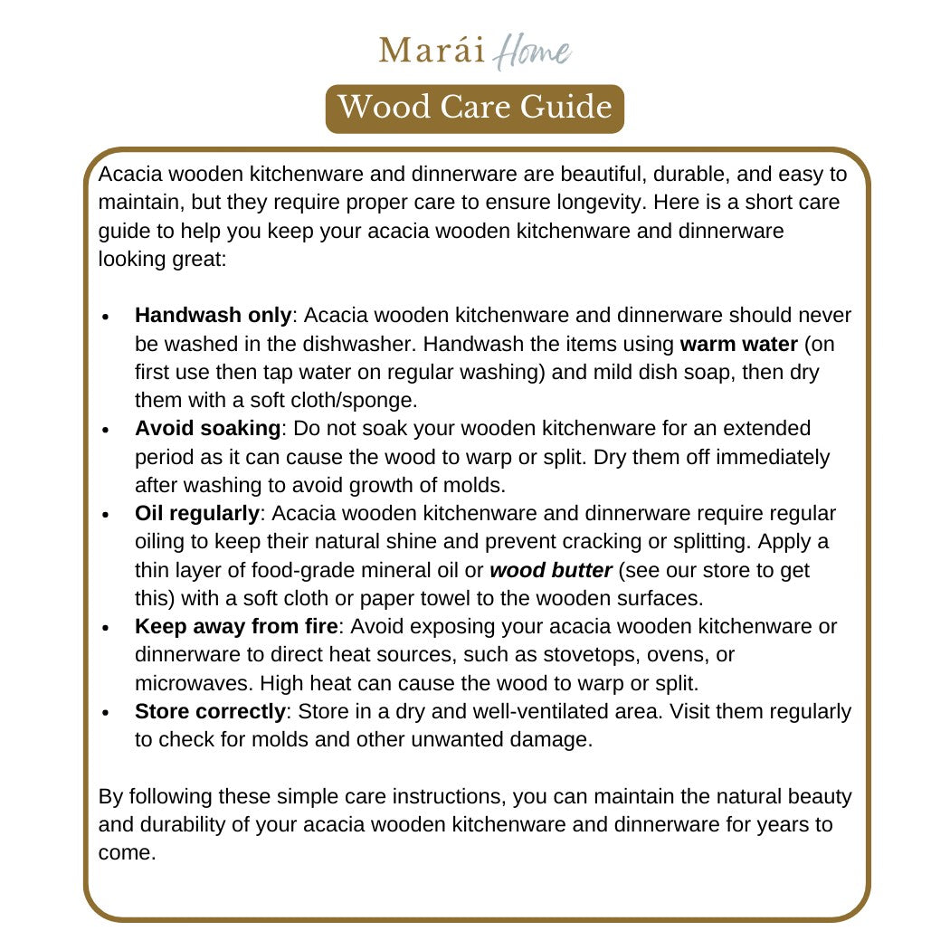 Marai Home wood care guide for acacia wooden kitchenware and dinnerware featuring maintenance instructions