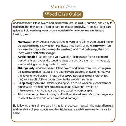 Marai Home wood care guide for acacia wooden kitchenware and dinnerware featuring maintenance instructions