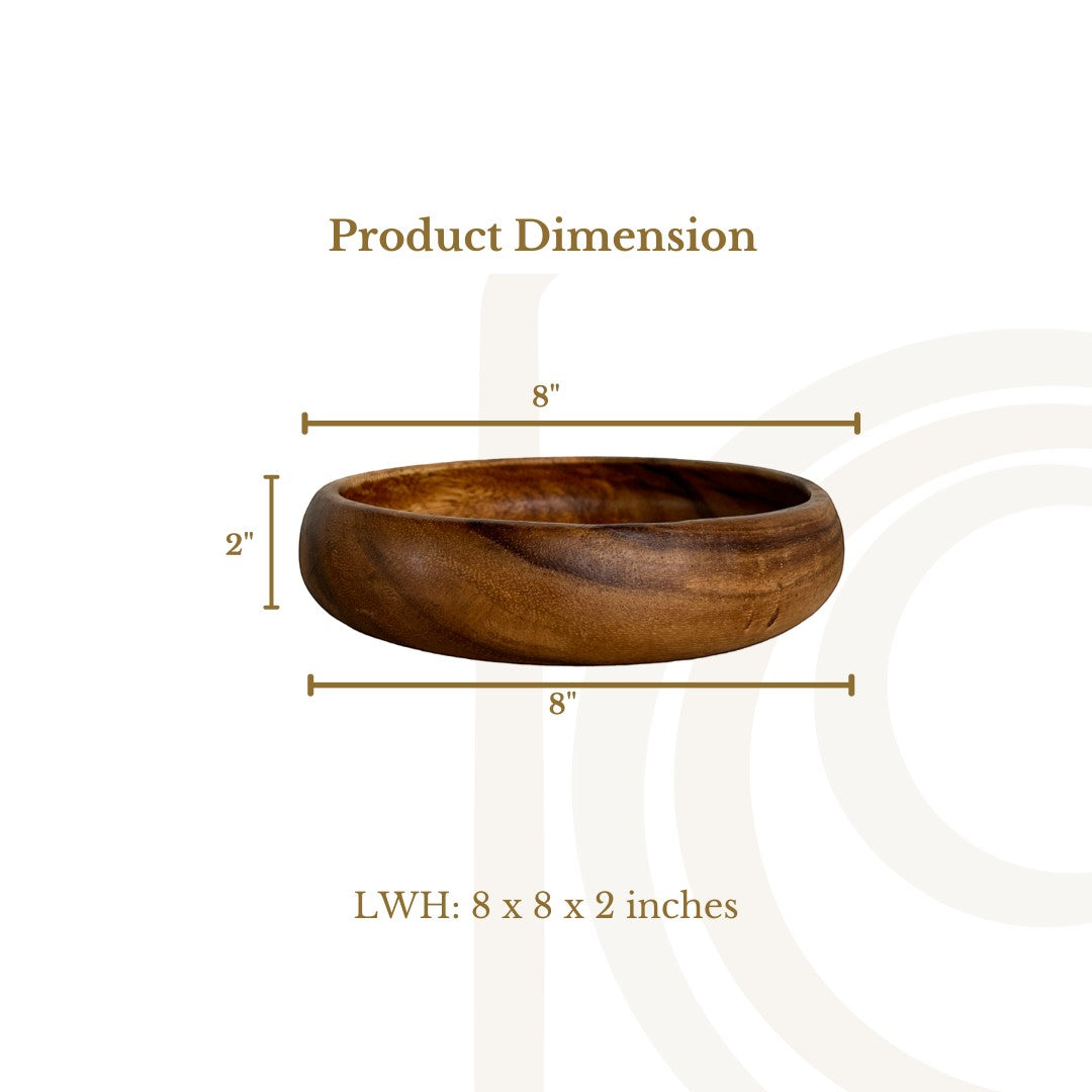 Marai Home wooden calabash bowl with 8-inch diameter and 2-inch height dimension overlay