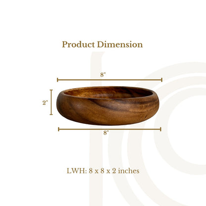 Marai Home wooden calabash bowl with 8-inch diameter and 2-inch height dimension overlay