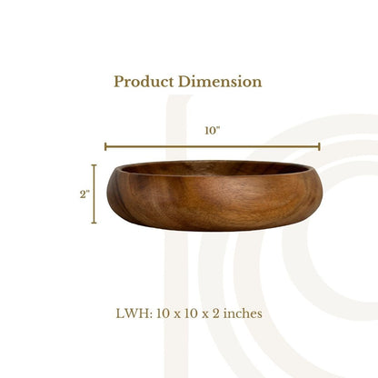 Marai Home 2-inch tall wooden calabash bowl with a 10-inch diameter, showcasing natural wood grain texture.