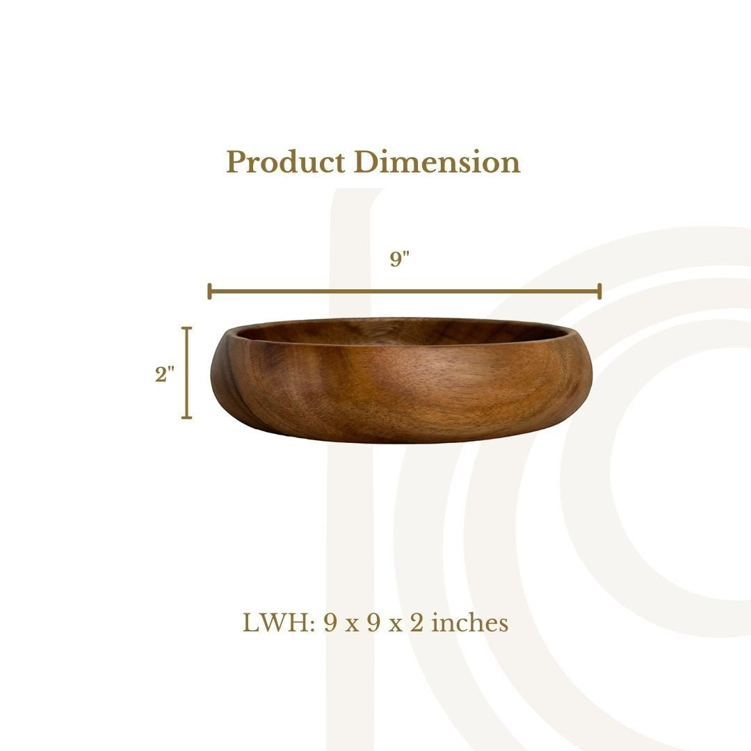 Marai Home 9-inch wide wooden calabash bowl with 2-inch height dimension diagram