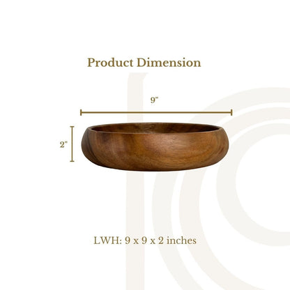 Marai Home 9-inch wide wooden calabash bowl with 2-inch height dimension diagram