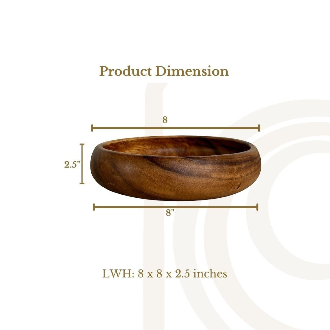 Marai Home wooden calabash bowl with 8-inch diameter and 2.5-inch height showing product dimensions