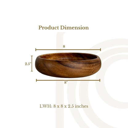Marai Home wooden calabash bowl with 8-inch diameter and 2.5-inch height showing product dimensions