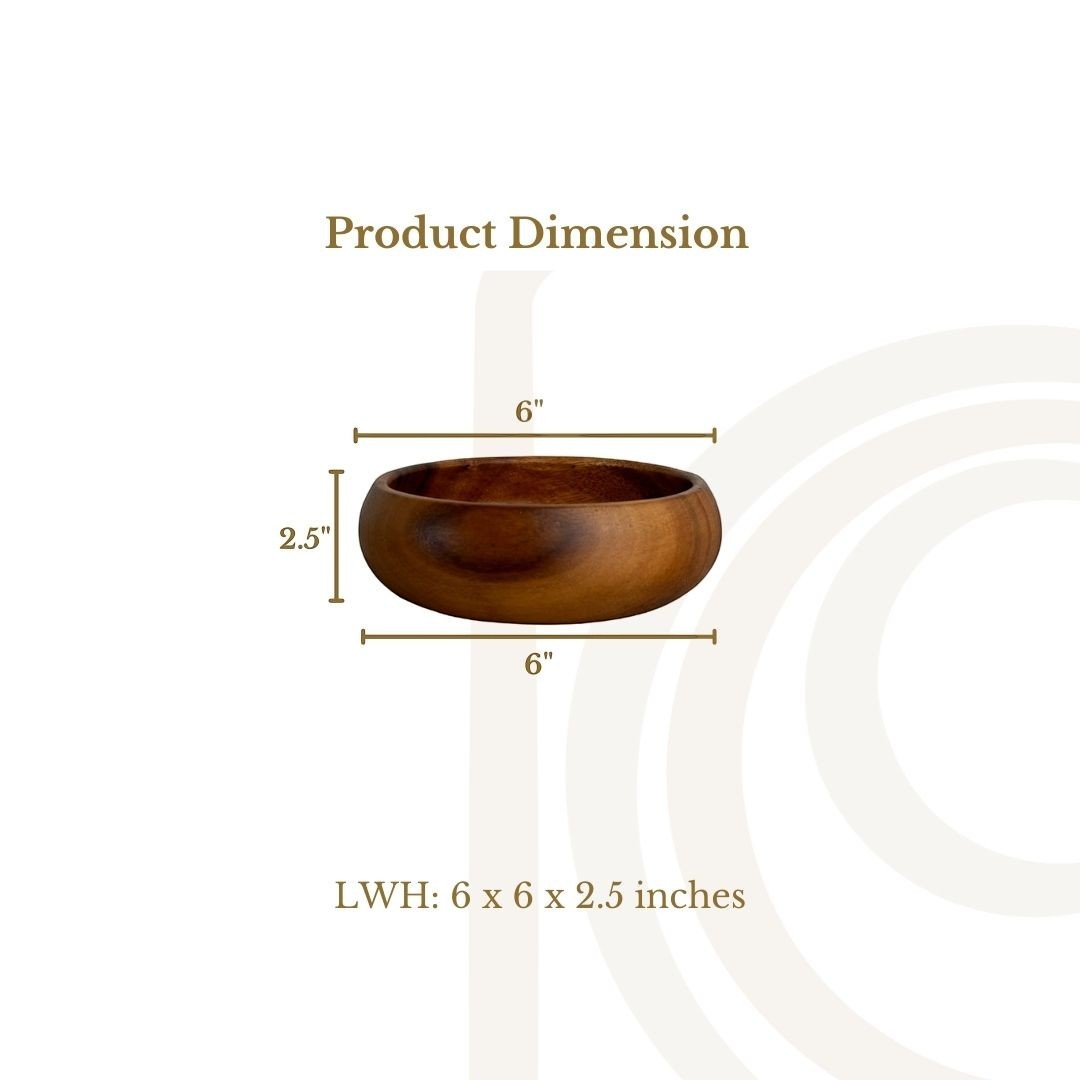 Marai Home wooden calabash bowl showing 6 inch width and 2.5 inch height dimensions on a clean background