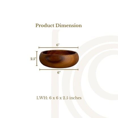 Marai Home wooden calabash bowl showing 6 inch width and 2.5 inch height dimensions on a clean background