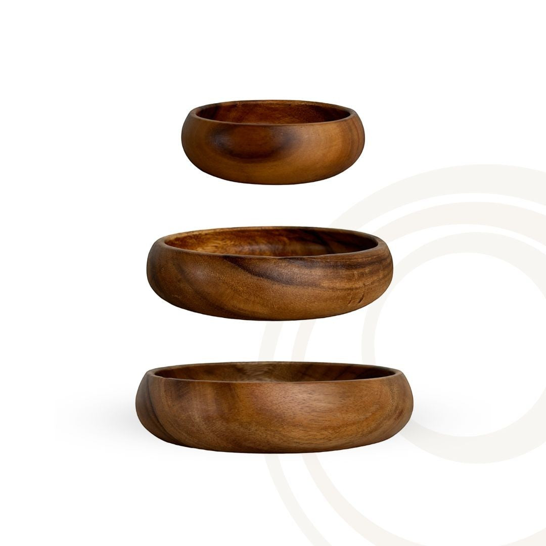 Marai Home set of three round wooden calabash bowls in varying sizes with a natural dark brown grain finish