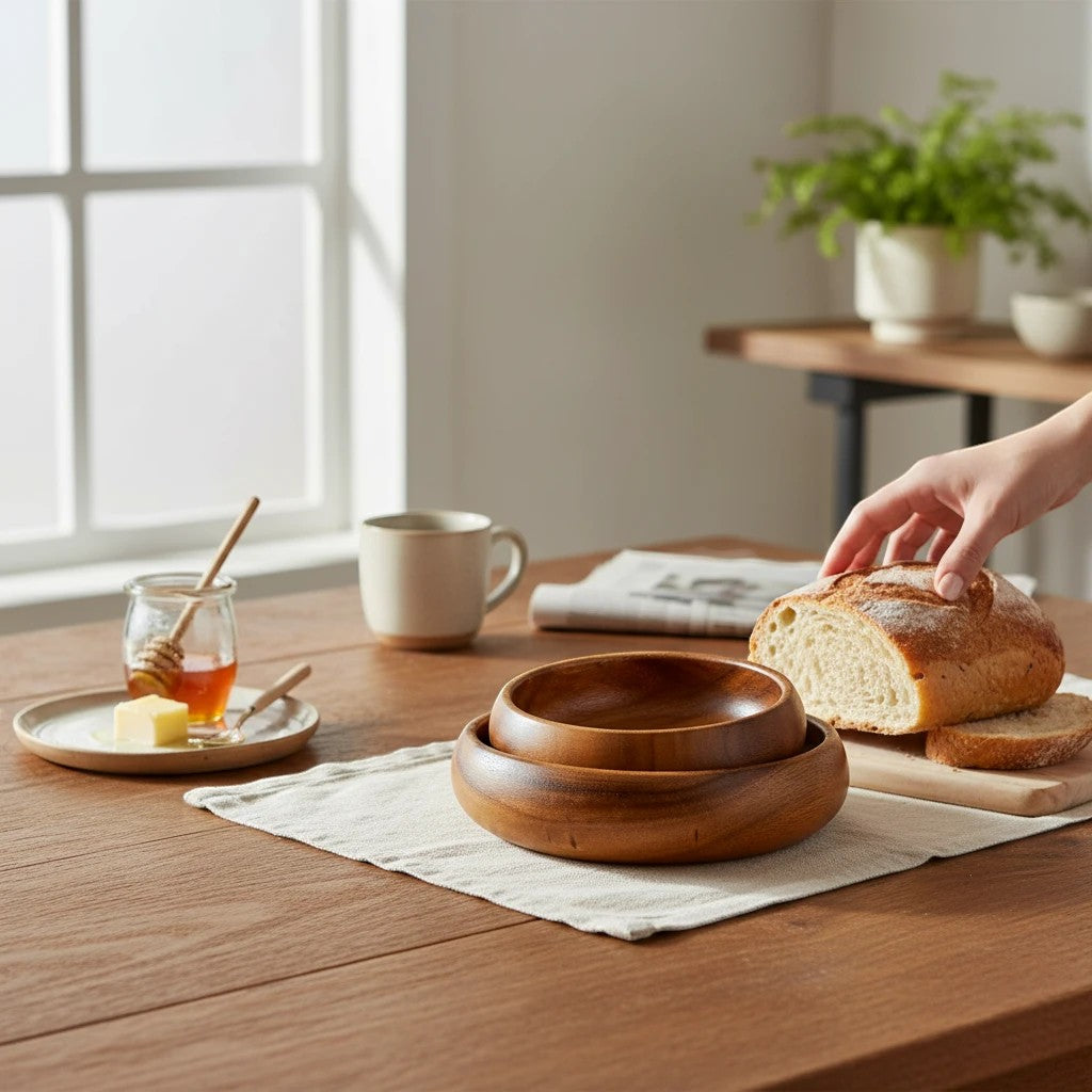 Marai Home set of two round wooden calabash bowls on a dining table with bread and honey