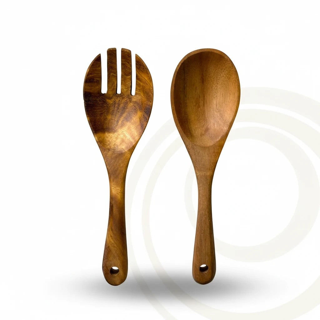 Marai Home natural wood salad server set featuring a three-tine fork and a deep spoon with ergonomic handles