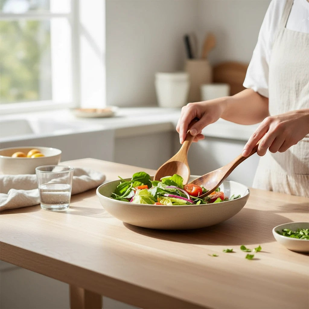 Marai Home wooden salad fork and spoon set tossing fresh greens in a ceramic bowl on a bright kitchen table