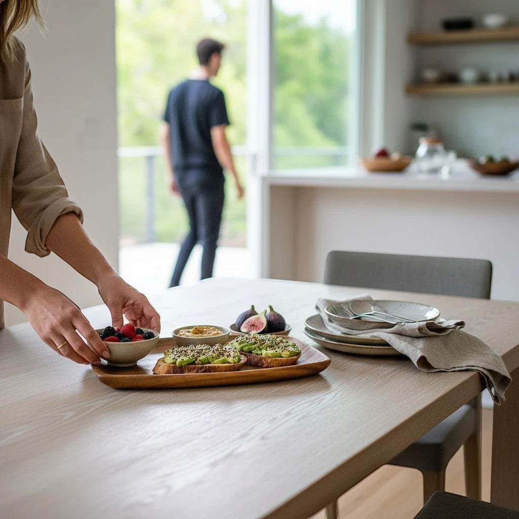 Marai Home wooden family serving platter holding avocado toast and berries on a dining table in a bright kitchen