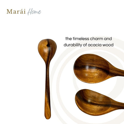 Marai Home wooden soup ladle with a deep bowl and long handle, crafted from natural acacia wood.