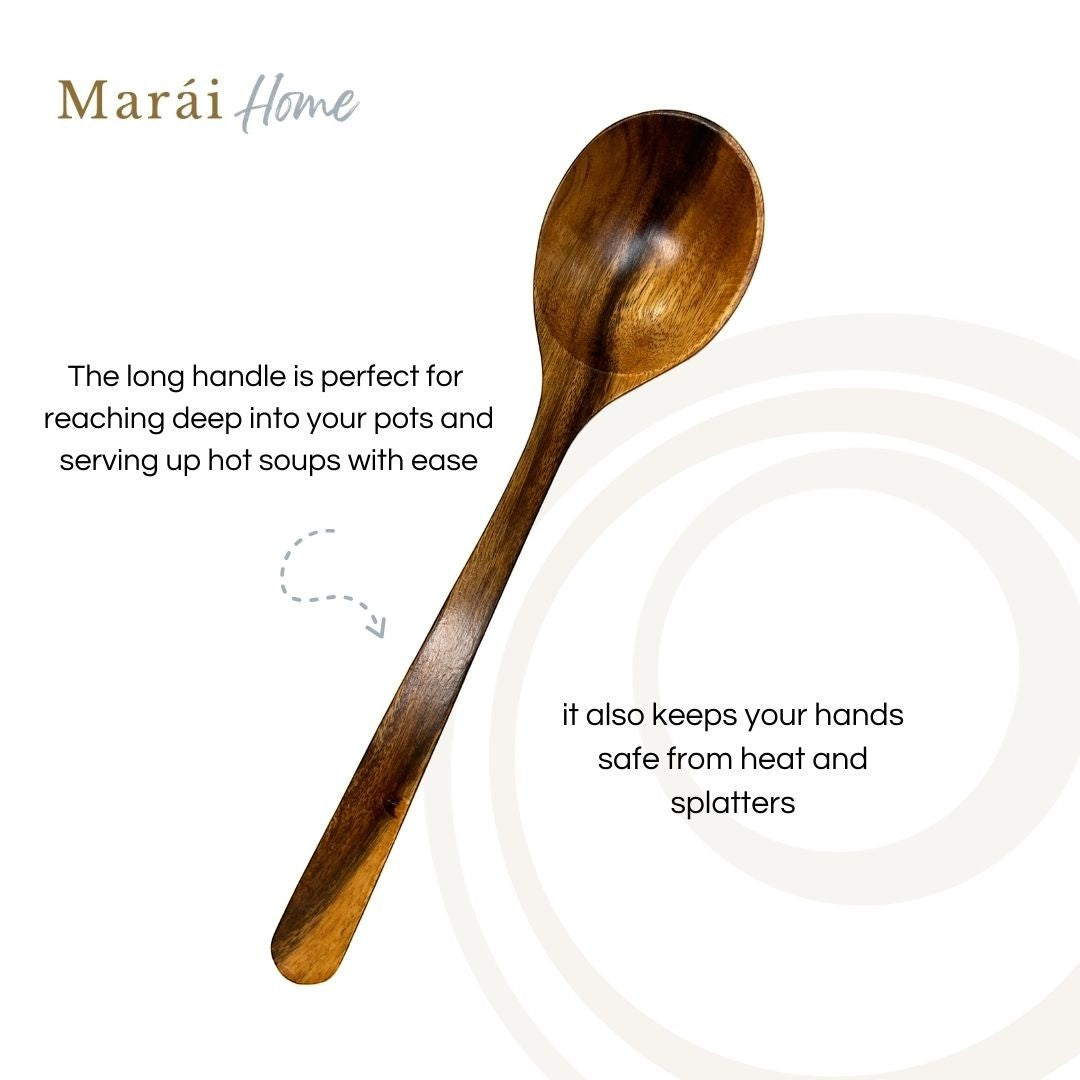Marai Home wooden soup ladle with a long handle for deep pots and serving hot soups.