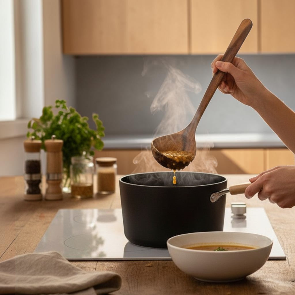 Marai Home wooden soup ladle with a long handle for deep pots and serving hot soups. Natural wood grain.