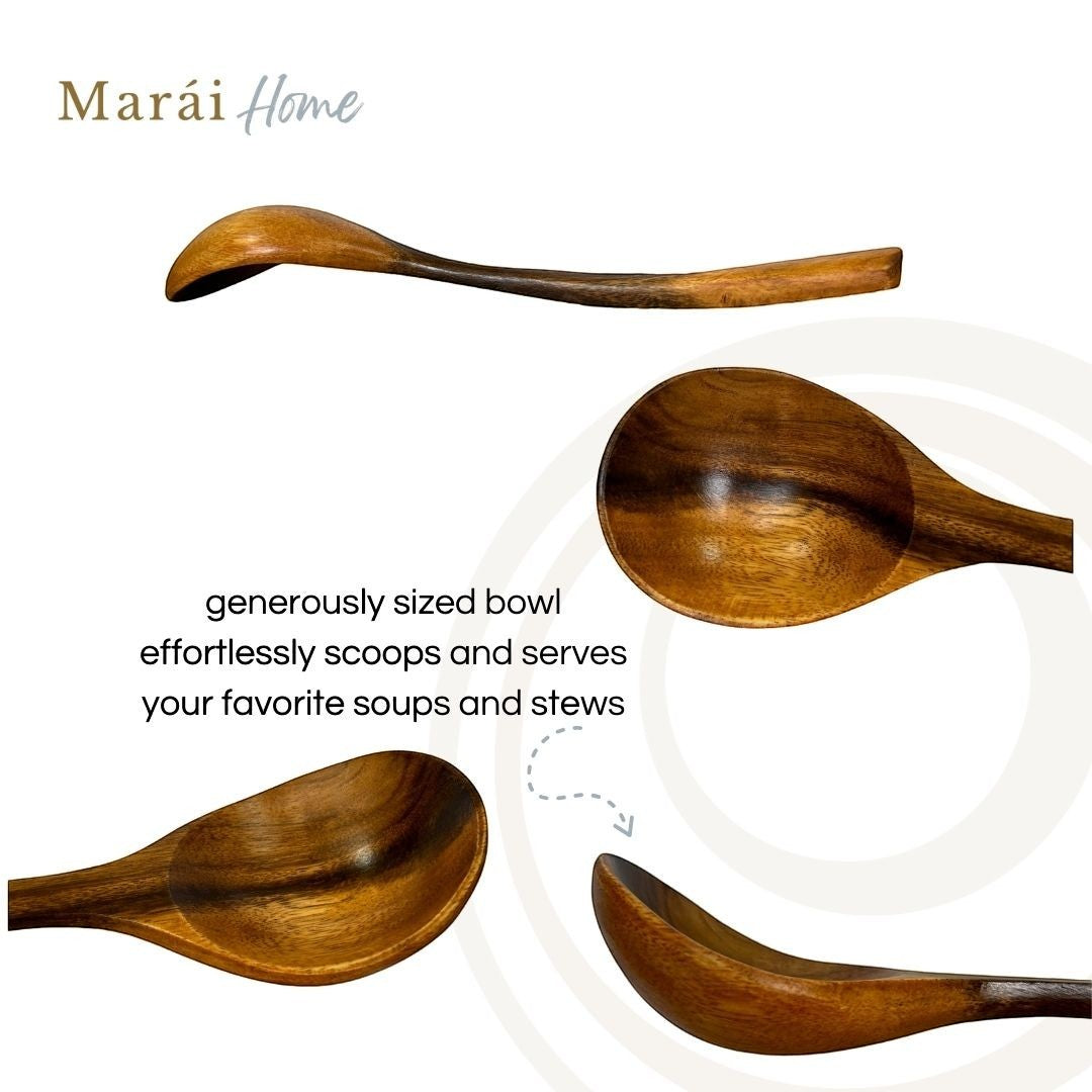 Marai Home wooden soup ladle with a generously sized bowl and ergonomic handle, perfect for serving soups and stews.