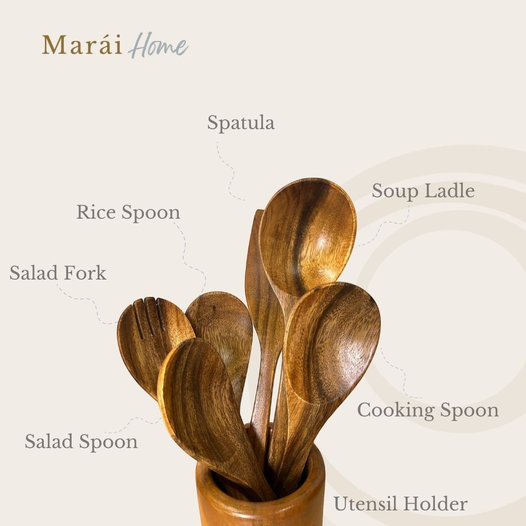 Marai Home 6-piece acacia wood utensil set with holder, including spatula, soup ladle, cooking spoon, rice spoon, salad fork, and salad spoon.