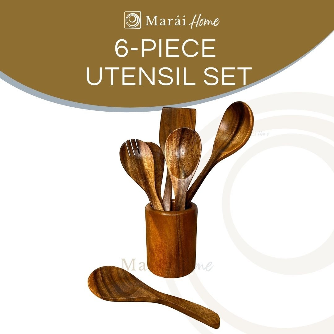 Marai Home 6-piece acacia wood utensil set with holder, includes spatula, ladle, and spoons.