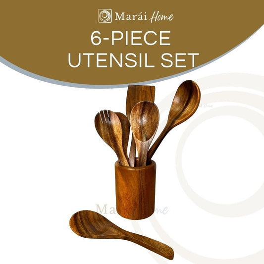 Marai Home 6-piece acacia wood utensil set with holder, includes spatula, ladle, and spoons.
