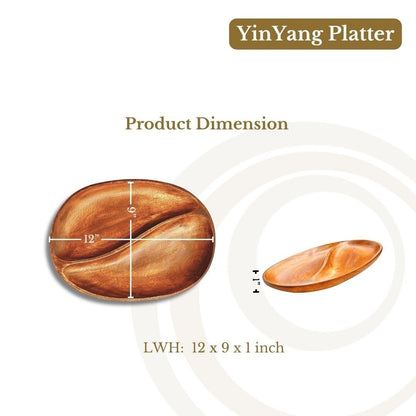Marai Home YinYang Platter, natural acacia wood, 2-compartment serving dish, 12x9x1 inches, lacquer finish.