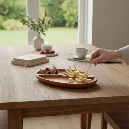 Marai Home YinYang Platter, a two-compartment acacia wood serving dish with a curved divider, holding figs, crackers, and cheese.