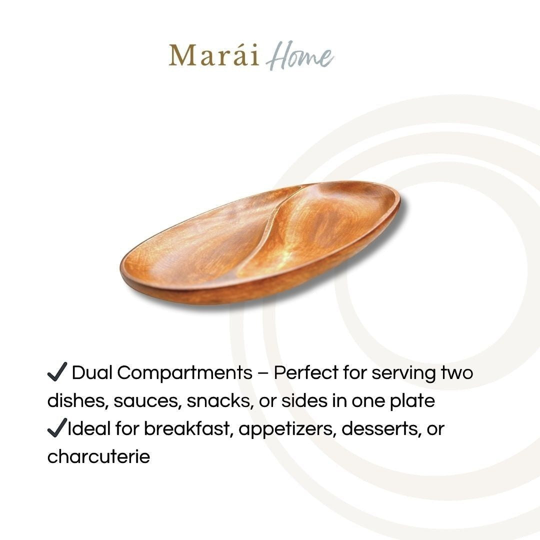 Marai Home YinYang platter made of natural acacia wood with a smooth lacquer finish and two compartments.
