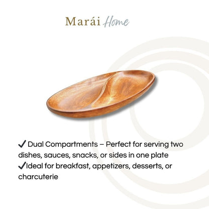Marai Home YinYang platter made of natural acacia wood with a smooth lacquer finish and two compartments.
