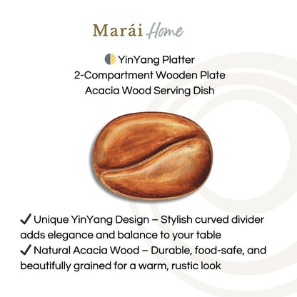 Marai Home YinYang platter made of natural acacia wood with two compartments and a curved divider.