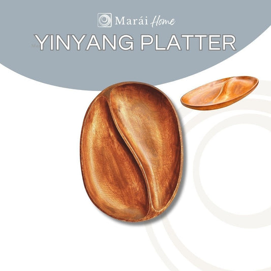 Marai Home YinYang Platter, a 2-compartment natural acacia wood serving dish with a smooth lacquer finish.